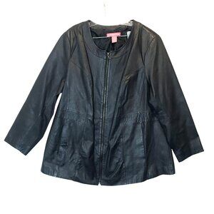 Woman Within Navy Leather Zip-Up Jacket Womens Plus Size 24